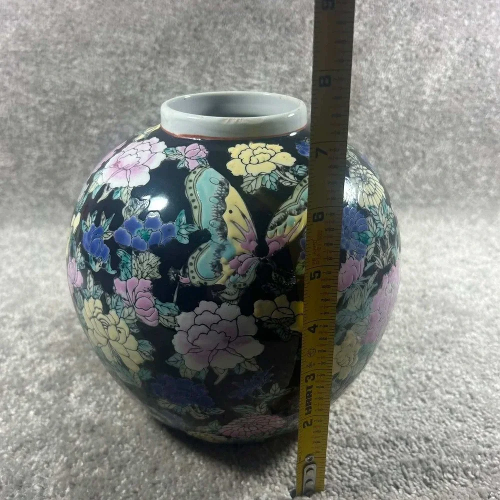 Ginger Jar Black Millefleur Butterfly Floral Decorative China 7in Modern